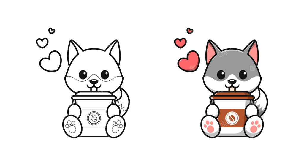 صفحات رنگ‌آمیزی کارتون گرگ بامزه و قهوه‌خور برای کودکان