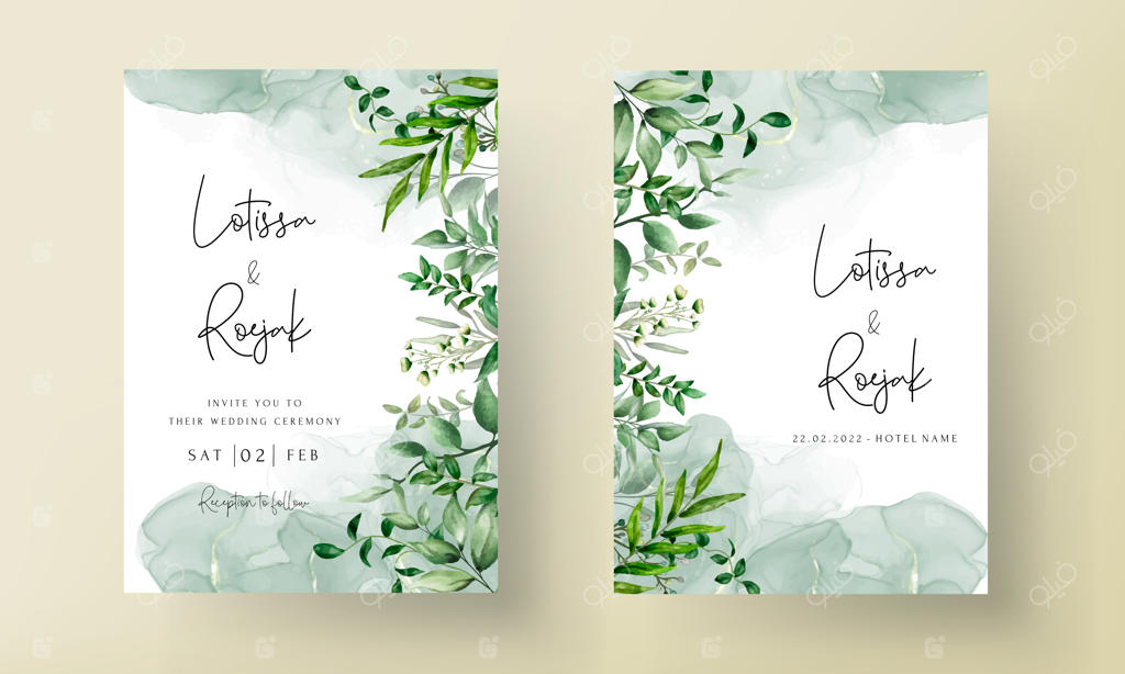 کارت دعوت عروسی شیک با طرح آبرنگی برگ‌های سبز دستی