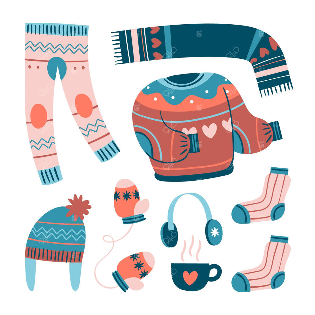 مجموعه‌ای از لباس‌ها و لوازم ضروری زمستانی با طراحی دستی