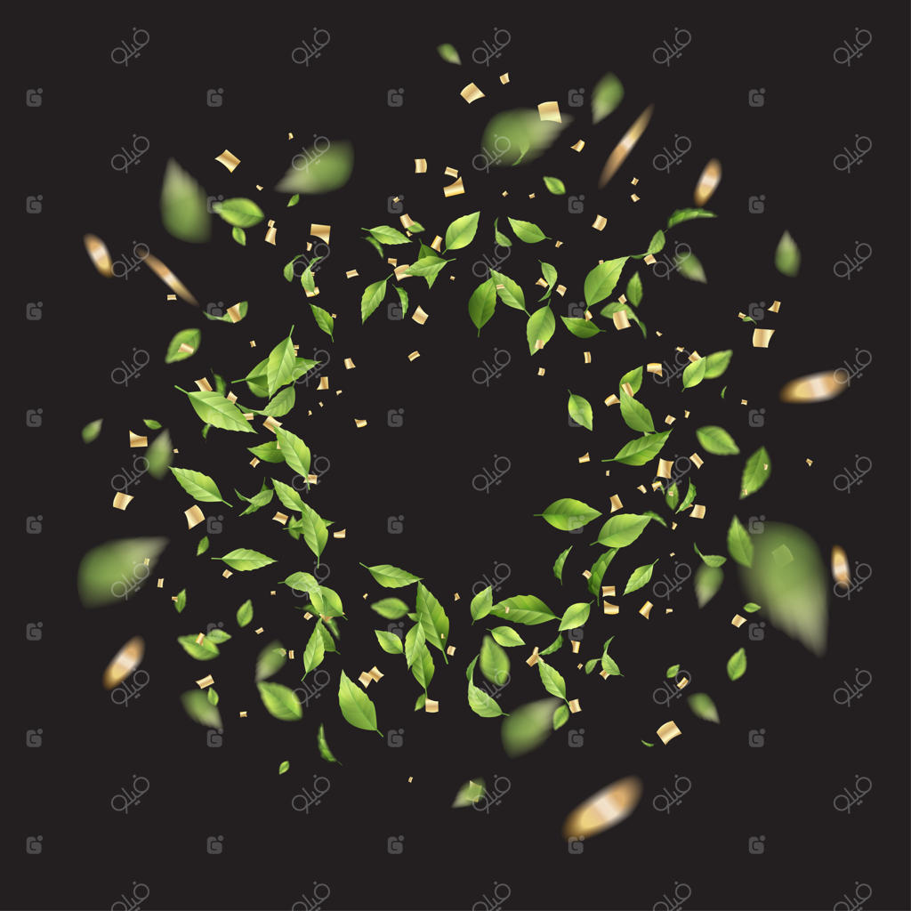 برگ‌های سبز پرنده و پراکندن کاغذ رنگی‌ها