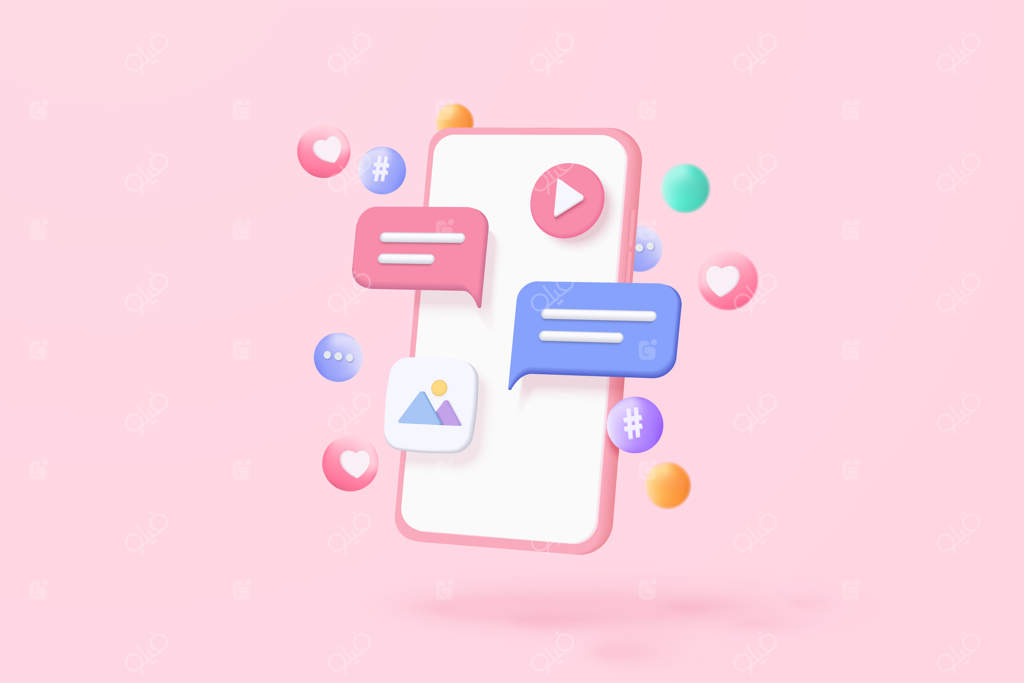 رسانه اجتماعی مینیمال با طراحی اپلیکیشن موبایل و وبسایت بهینه‌سازی شده: رندر سه‌بعدی تصویر با گالری ویدیو و عکس روی پس‌زمینه صورتی
