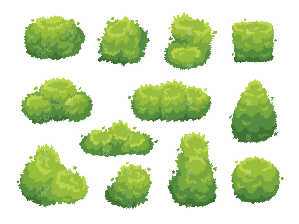 بوته‌های باغ: مجموعه بوته‌های کارتونی سبز برای تزئین مناظر باغ