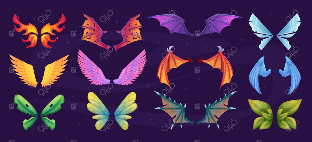 بال‌های اژدها: افسانه‌ای درباره اجزای بدن موجودات خیالی پرنده، شیطان فانتزی با بال‌های بزرگ پوشیده از پرها - تصاویر رنگی دقیق وکتور