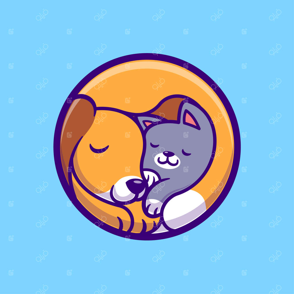 تصویر کارتونی دوستان خوابیده گربه و سگ بامزه. آیکون تخت حیوانات و طبیعت