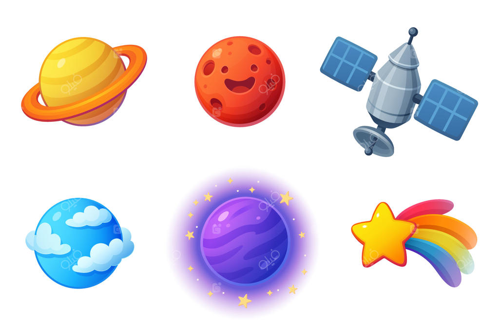 کشف سیاره‌های کارتونی و آیکون‌های فضایی برداری حرفه‌ای