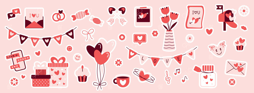 مجموعه استیکرهای روز ولنتاین مبارک. تصاویر دست‌کشیده با تم عشق روی پس‌زمینه شفاف. قلب‌ها، شیشه، قاب عکس، جعبه هدیه، نامه، فلش‌ها، پیام، حلقه‌ها. ۱۴ عنصر مربوط به فوریه