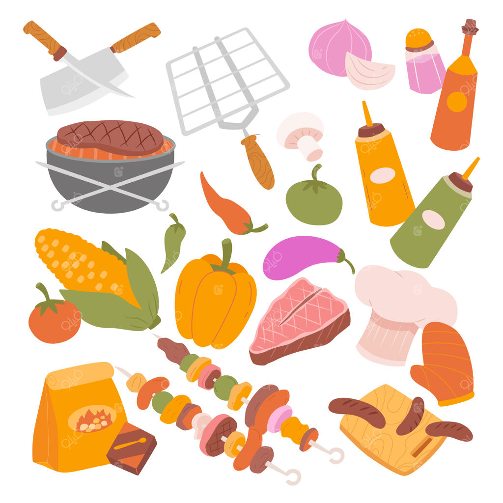 مجموعه وکتور و تصویرسازی تخت عناصر و تجهیزات باربیکیو
