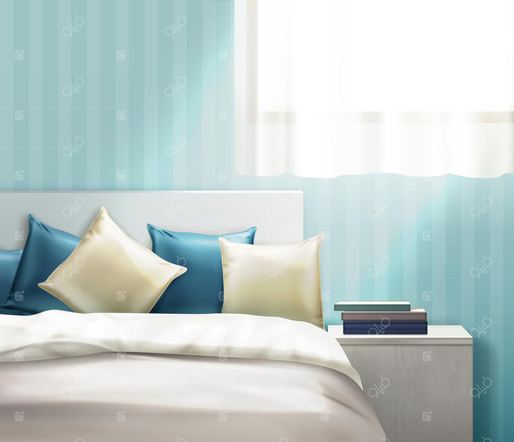 تصویری از بالش‌ها و روتختی‌های تمیز به رنگ بژ و آبی‌دریایی روی تخت در اتاقی روشن با میز کنار تخت و دیواری راه‌راه.