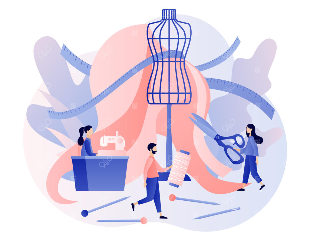 مفهوم کارگاه خیاطی: خیاطان کوچک لباس‌ها و پوشاک را بر روی مانکن در کارگاه طراحی می‌کنند