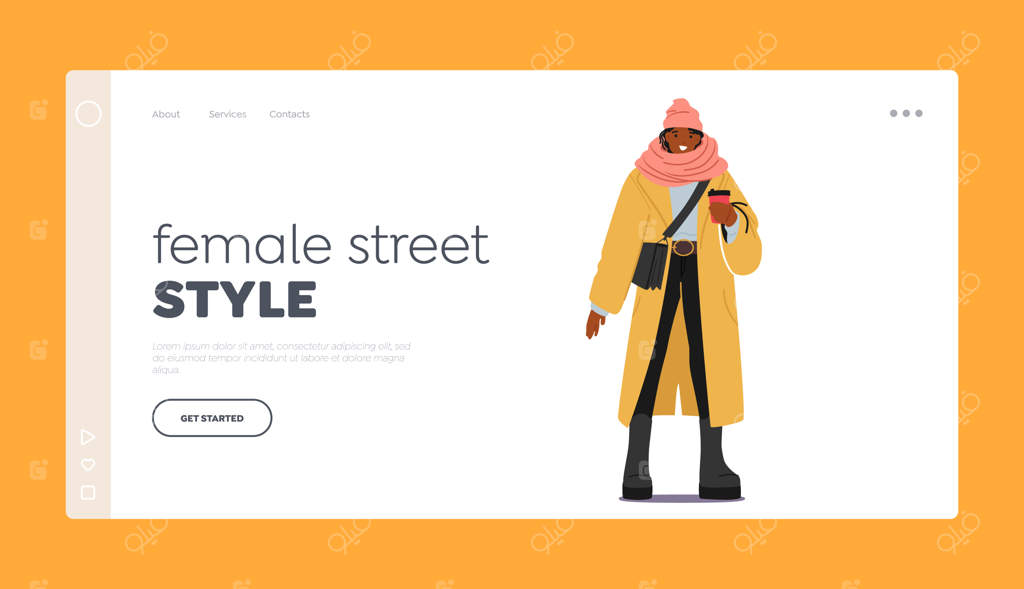 قالب صفحه ورود مد خیابانی زنانه: مد زمستانی و لباس‌های شیک با شخصیت زن جوان و یک فنجان قهوه