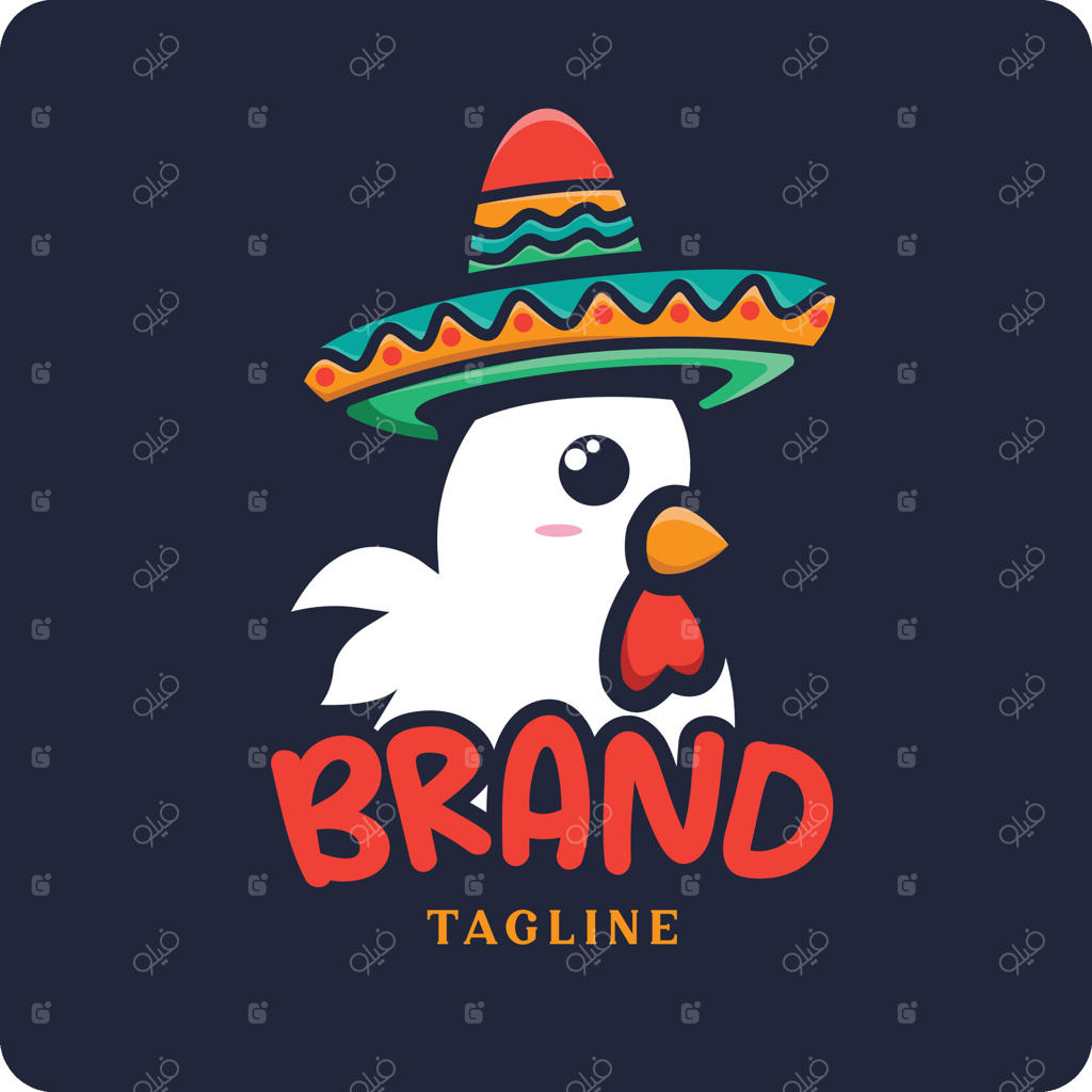 لوگوی غذایی و نوشیدنی با تصویر مرغی که کلاه مکزیکی بر سر دارد