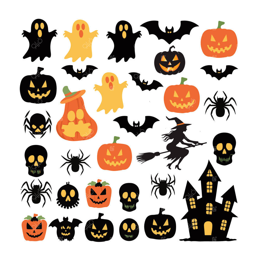 مجموعه سیلوئت‌های ترسناک هالووین شامل کدو تنبل، ارواح، خفاش و موارد دیگر