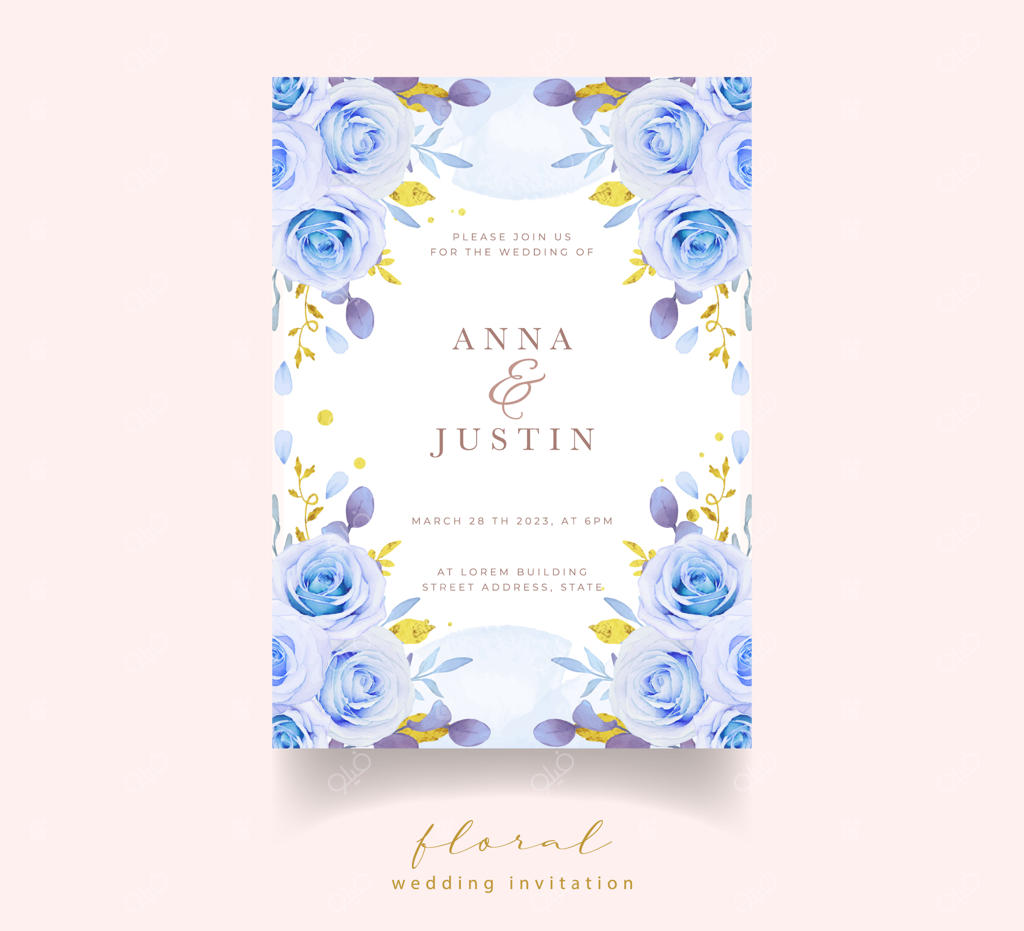 دعوتنامه عروسی با گل‌های آبی آبرنگی