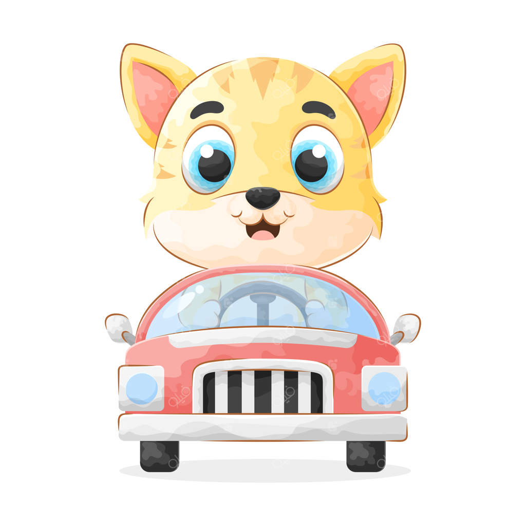 تصویر زیبای گربه کارتونی در حال رانندگی با آبرنگ