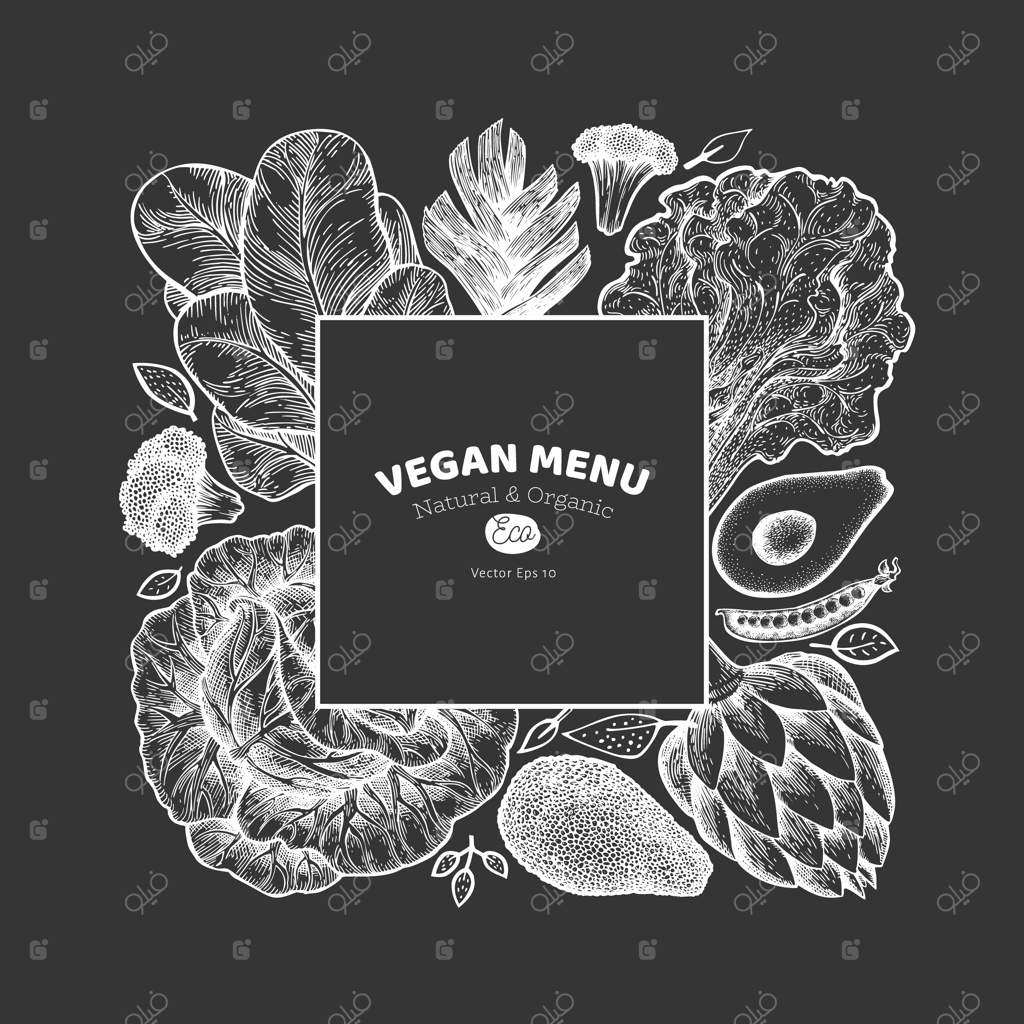 پترن سبزیجات سبز: تصویرسازی دست‌کشیده غذا بر روی تخته گچی. بنر سبزیجات به سبک حکاکی. طراحی گیاه‌شناسی کلاسیک.