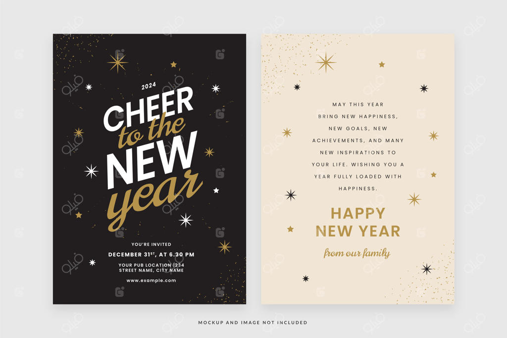 قالب پوستر رویداد شب سال نو با طراحی مشکی و طلایی در فرمت وکتور