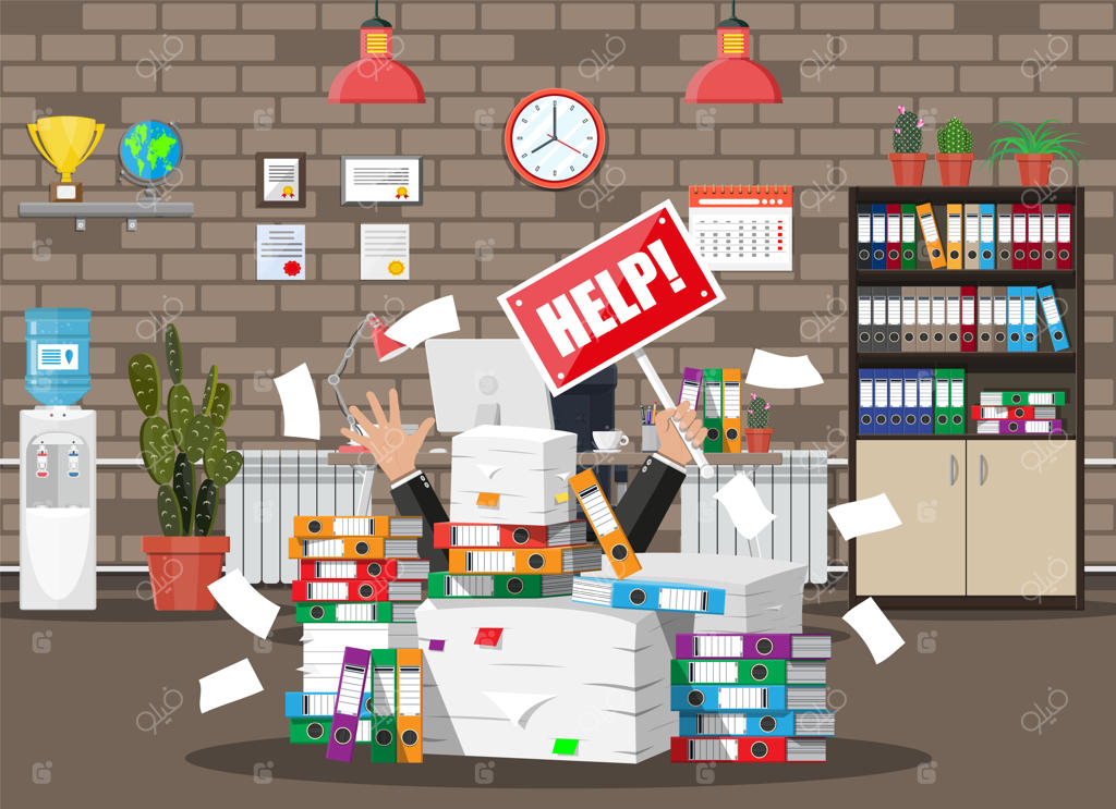 مرد تاجر در میان انبوه کاغذهای اداری