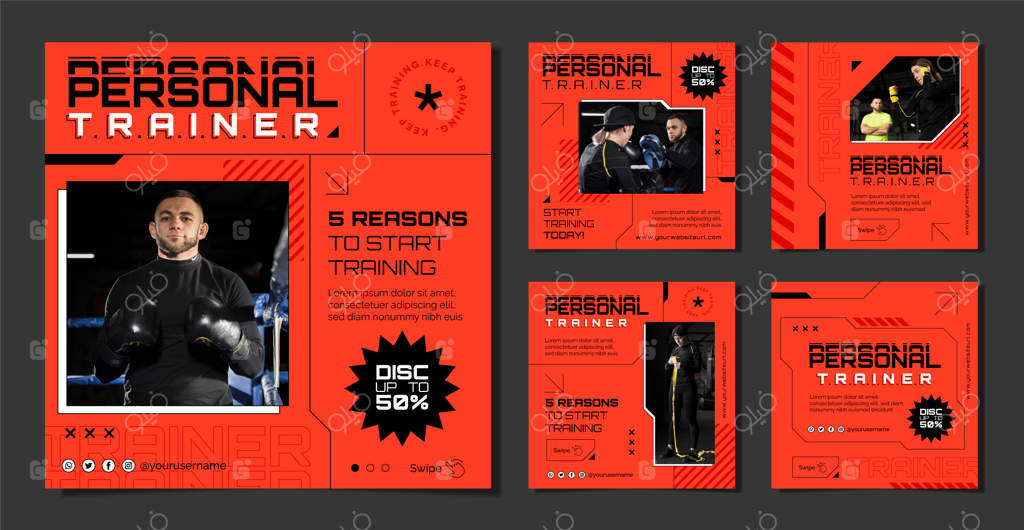 مجموعه پست‌های اینستاگرام مربی شخصی با طراحی تخت