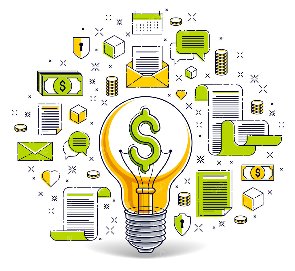 لامپ روشن و مجموعه‌ای از آیکون‌ها: مفهوم خلاقانه ایده کسب‌وکار، کنایه‌ ای از تجارت الکترونیک، کسب‌وکار آنلاین، بازار یا فروشگاه اینترنتی، تصویرسازی وکتور.