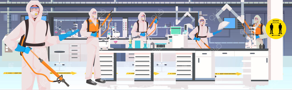 نظافت‌چیان حرفه‌ای با لباس‌های محافظ در حال پاکسازی و ضدعفونی ویروس کرونا