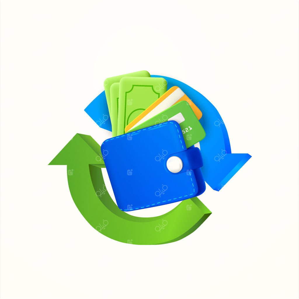 کیف پول سه‌بعدی با دلار و کارت‌های بانکی، چرخه جهت، بر روی پس‌زمینه سفید. مفهوم طراحی برای پول، امور مالی، تراکنش، ذخیره‌سازی، تجارت و درآمد. تصویرسازی سه‌بعدی.