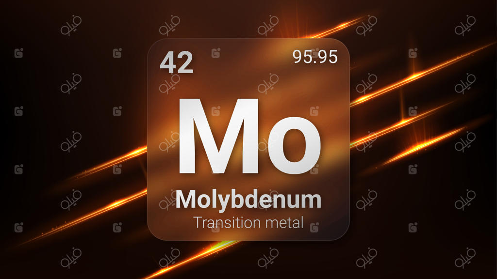 مولیبدنوم: فلز واسطه با پس‌زمینه‌ درخشان نئون آینده‌نگر، نشانه شیمیایی، نام، جرم اتمی، عدد اتمی، تصویر و اطلاعات جدول تناوبی