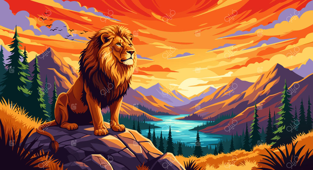شیر باشکوه نظاره‌گر غروب خیره‌کننده از فراز صخره‌ای کوهستانی، مشرف به رودخانه‌ای آرام در دره‌ای رنگارنگ و تماشایی