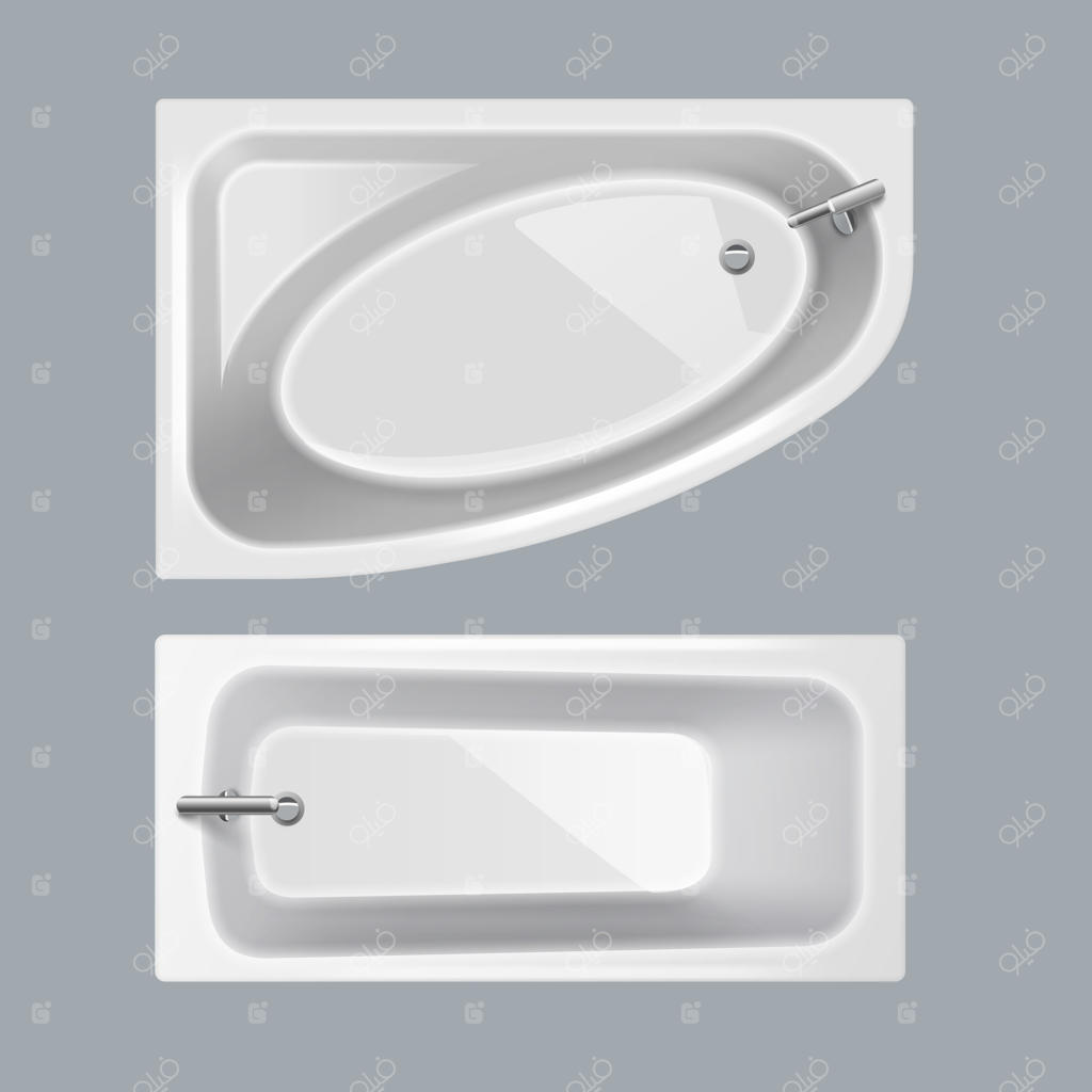 مجموعه‌ای از وان‌های سفید مستطیلی و بیضی زاویه‌دار روی پس‌زمینه خاکستری، نمای بالا