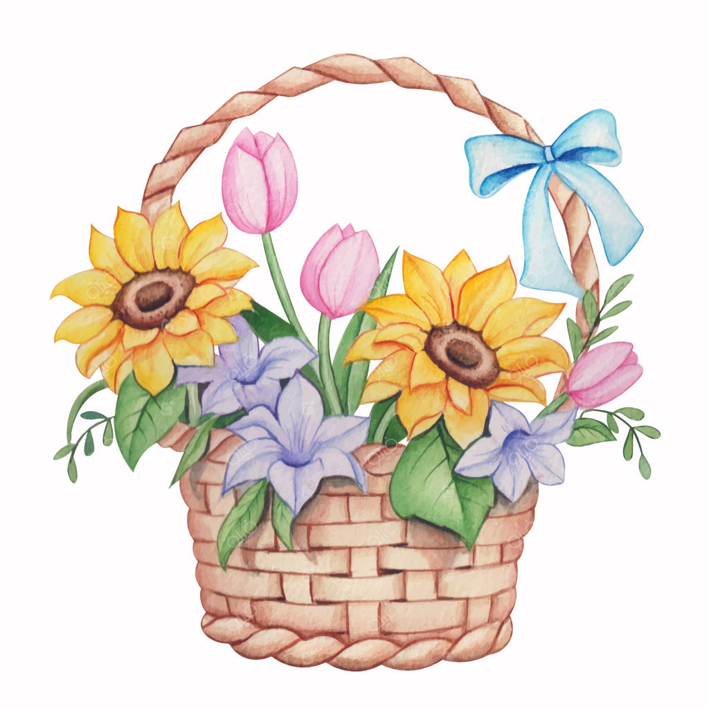 گل‌های آبرنگی دستی در سبد