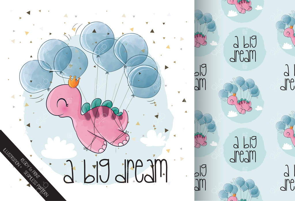 تصویر حیوان بامزه دایناسور پرنده با بادکنک در پس‌زمینه