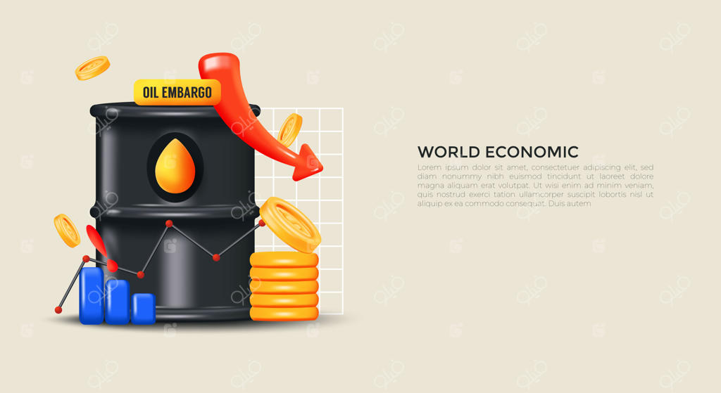 تحریم نفت: مفهومی خلاقانه از اقتصاد جهانی، صنعت نفت، اخبار تجاری، نمودارهای قیمت، سرمایه‌گذاری‌های مالی و سهام در هر بشکه - طراحی سه‌بعدی واقعی و تصویرسازی وکتور