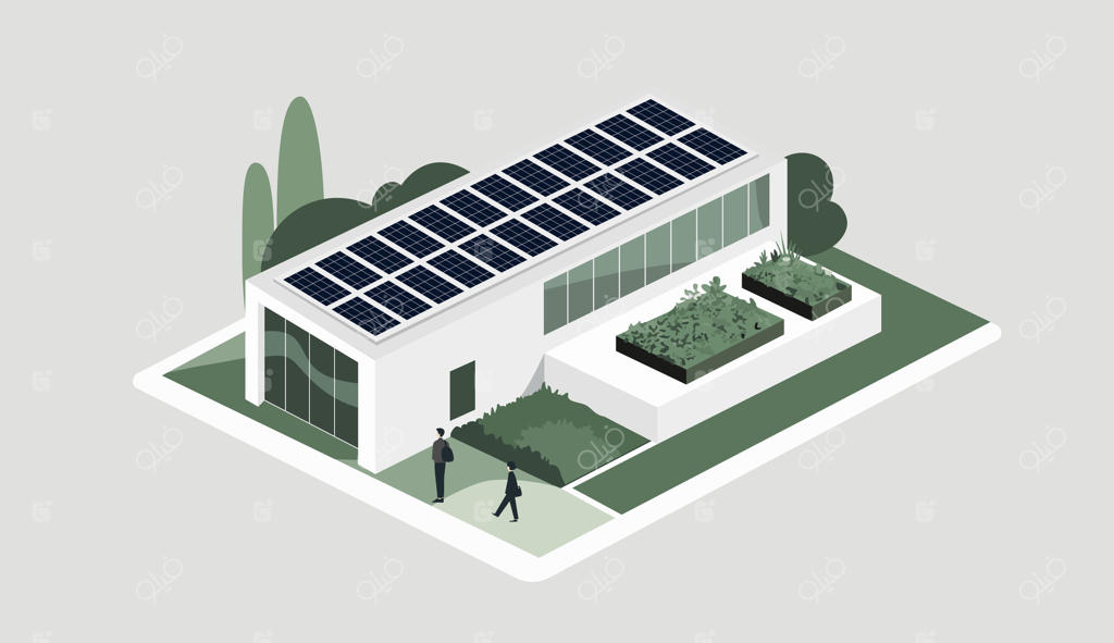 خانه بزرگ مینیمالیستی با پنل‌های خورشیدی: تصویری از خانه مدرن دوستدار محیط زیست در سبک تخت.