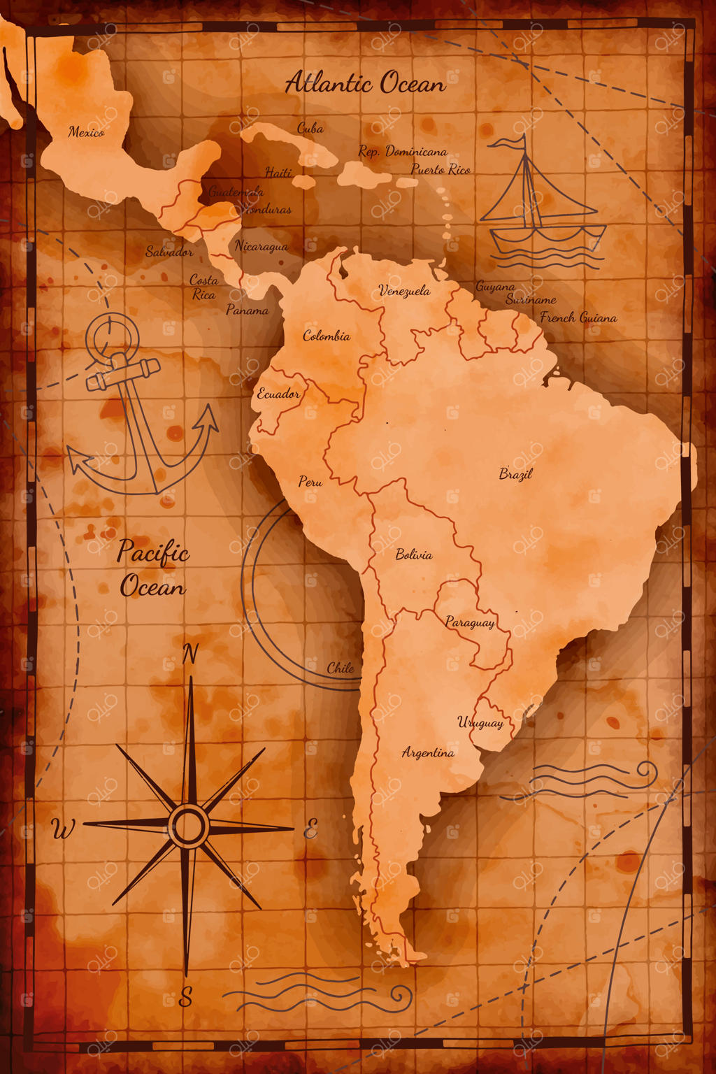 تصویر نقشه قدیمی آمریکا با آبرنگ