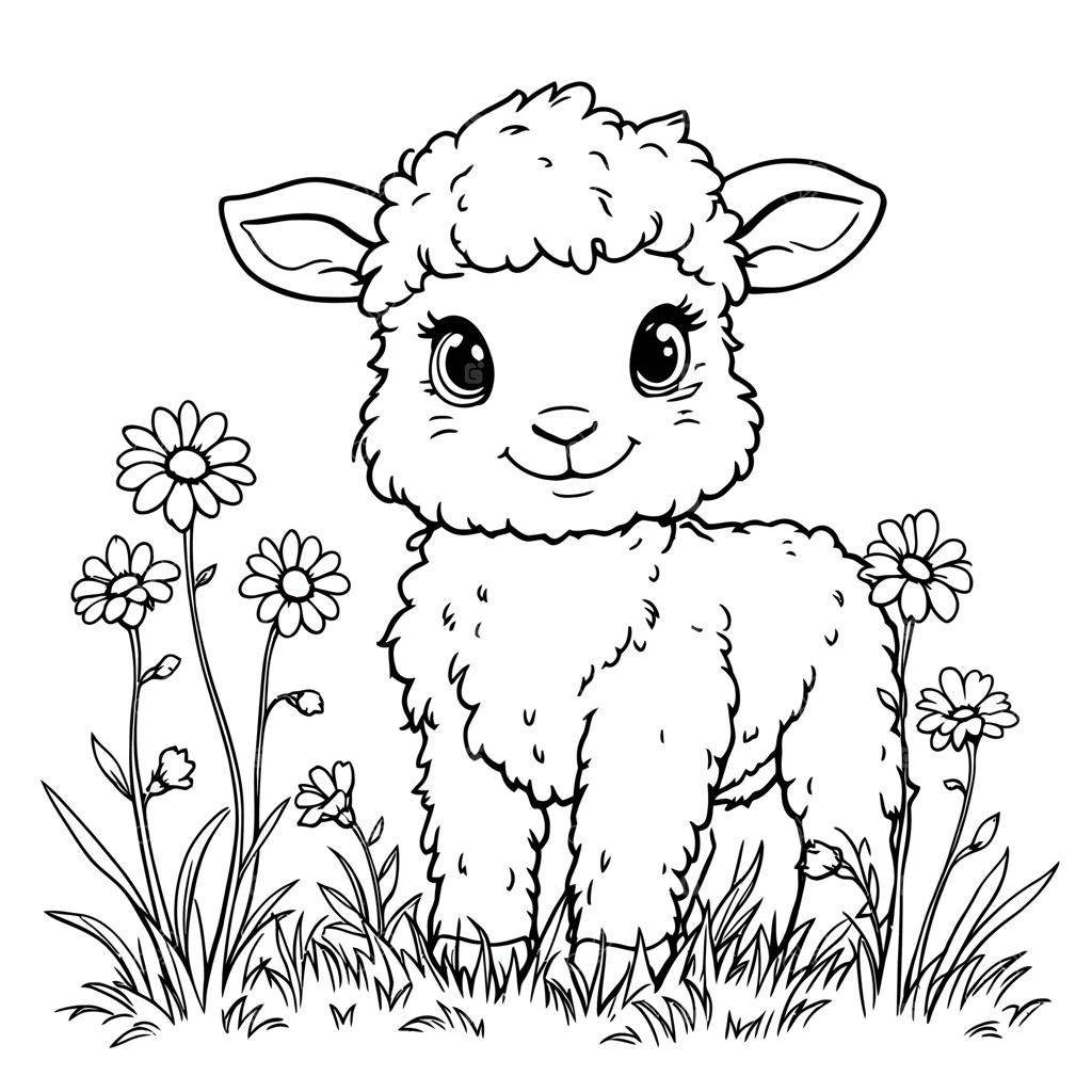 نقاشی زیبا: بره پشمالوی ناز در میان گل‌ها و چمن‌ها - صفحه رنگ‌آمیزی برای کودکان
