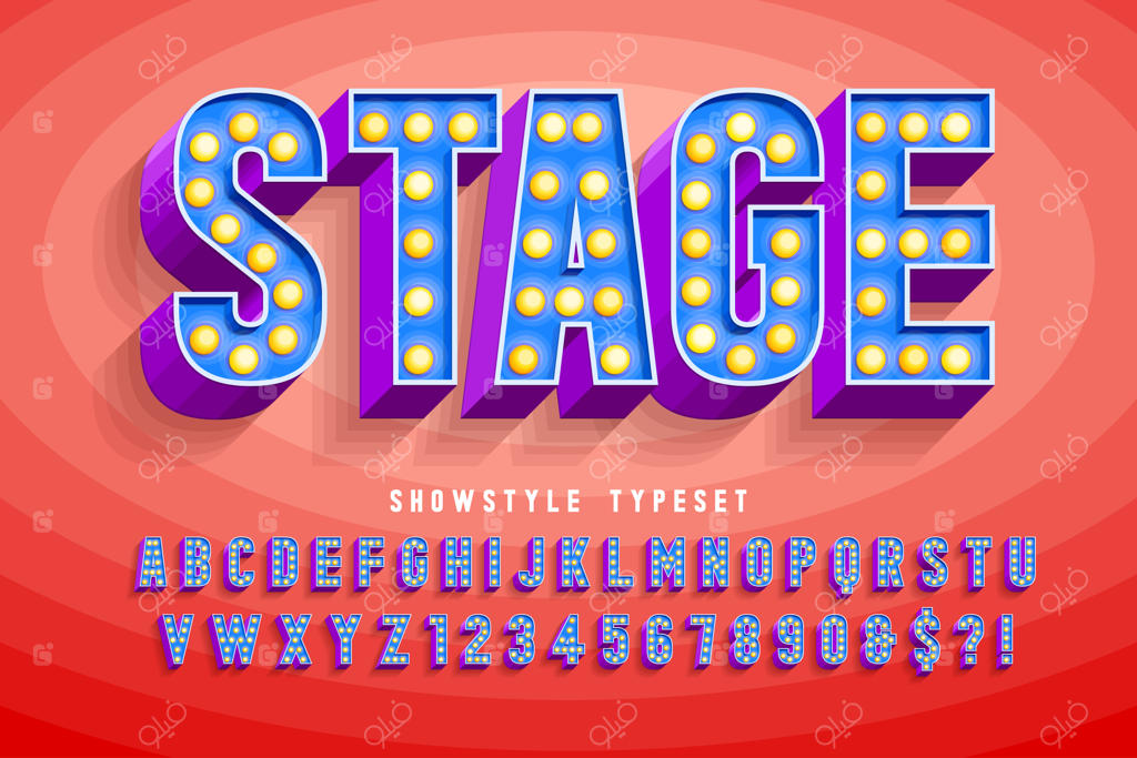 طراحی فونت سینمای نوستالژیک: کاباره، حروف و اعداد چراغ‌دار.