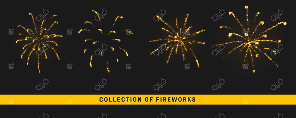 آتش‌بازی طلایی جشن: طرح واقع‌گرایانه با افکت نور طلایی بر روی پس‌زمینه مشکی. نمودار وکتور.