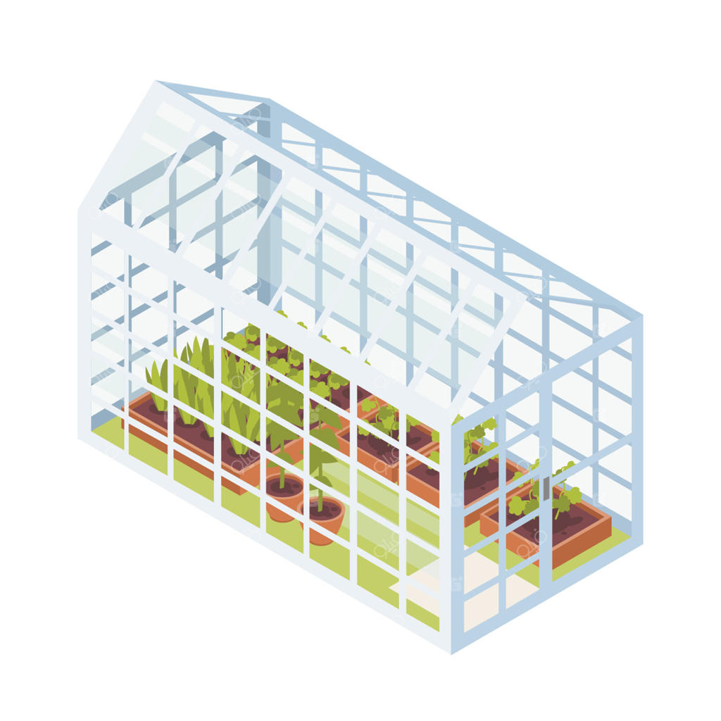 نهال‌های سبز در حال رشد در جعبه‌های خاک در داخل گلخانه شیشه‌ای. گلخانه ایزومتریک با تخت‌های باغچه برای کشت گیاهان، ایزوله روی زمینه سفید. تصویر به سبک تخت.