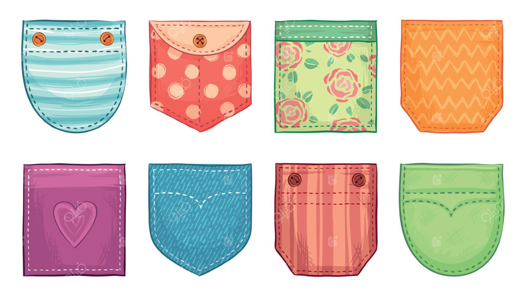 کیسه‌های رنگی تکه‌ای: ست زیبای جیب‌های راحت با درز، جیب‌های جین با تکه دوزی و دکمه‌ها و لوازم جانبی لباس‌های راحتی و شیک.