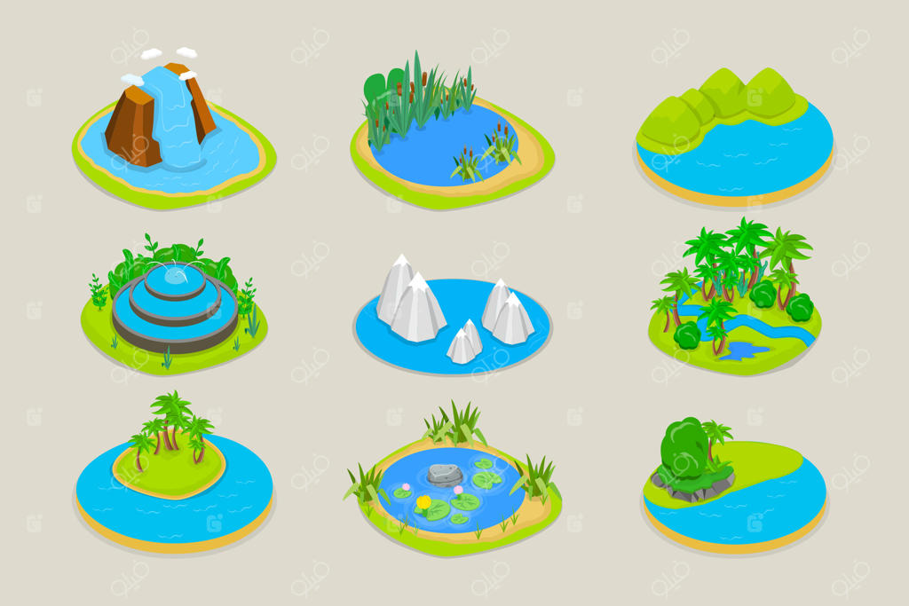 مجموعه سه‌بعدی ایزومتریک از مناظر طبیعی آبی: رودخانه، آبشار، برکه و فواره