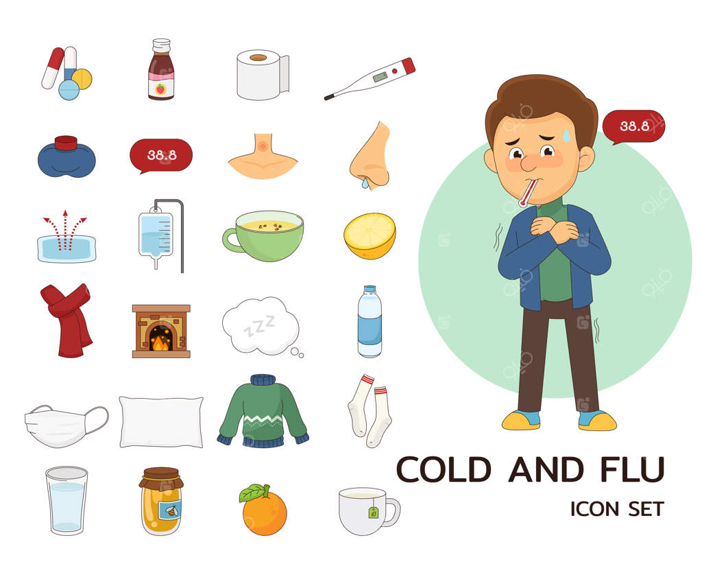 آیکون‌های مفهومی سرماخوردگی و آنفولانزا به‌صورت فلت