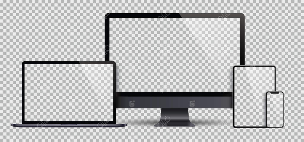 مجموعه‌ای واقعی از مانیتور، لپ‌تاپ، تبلت و گوشی هوشمند به رنگ خاکستری تیره