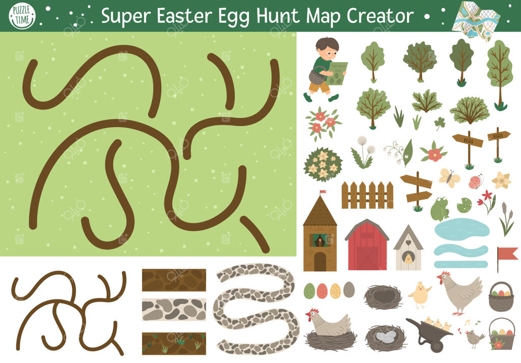 سازنده نقشه جستجوی تخم‌مرغ های عید پاک؛ مجموعه‌ای از عناصر کارتونی برای طراحی فعالیت‌های بهاری. وکتور هنری باغ همراه با براش‌های بدون مرز برای مسیرها.