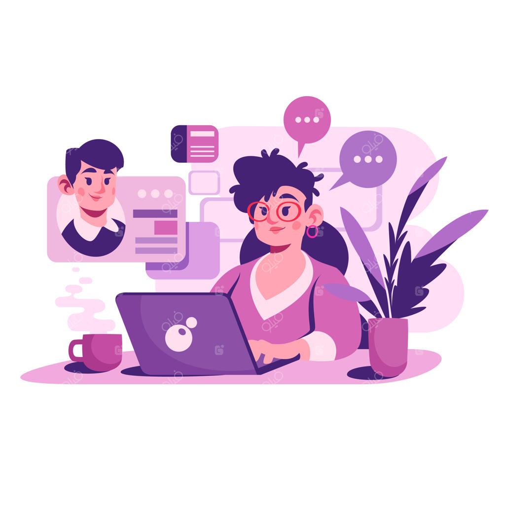 تصویری از محیط کاری با حضور زنی جوان که به صورت دورکار در حال صحبت درباره جزئیات پروژه است