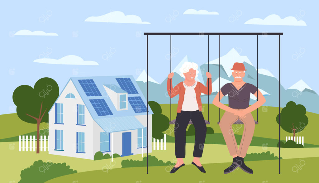 زوج سالخورده در حال گذراندن لحظات شاد، شخصیت‌های کارتونی مرد و زن سالخورده روی تاب نشسته‌اند