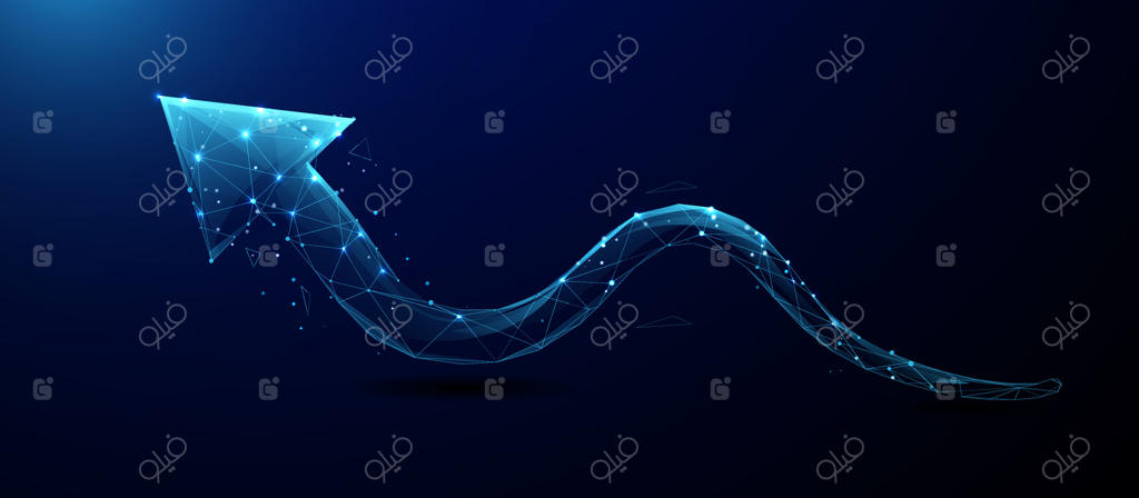 فلش آبی دیجیتال رو به بالا با چارچوب پلیگونی و نقاط داده درخشان