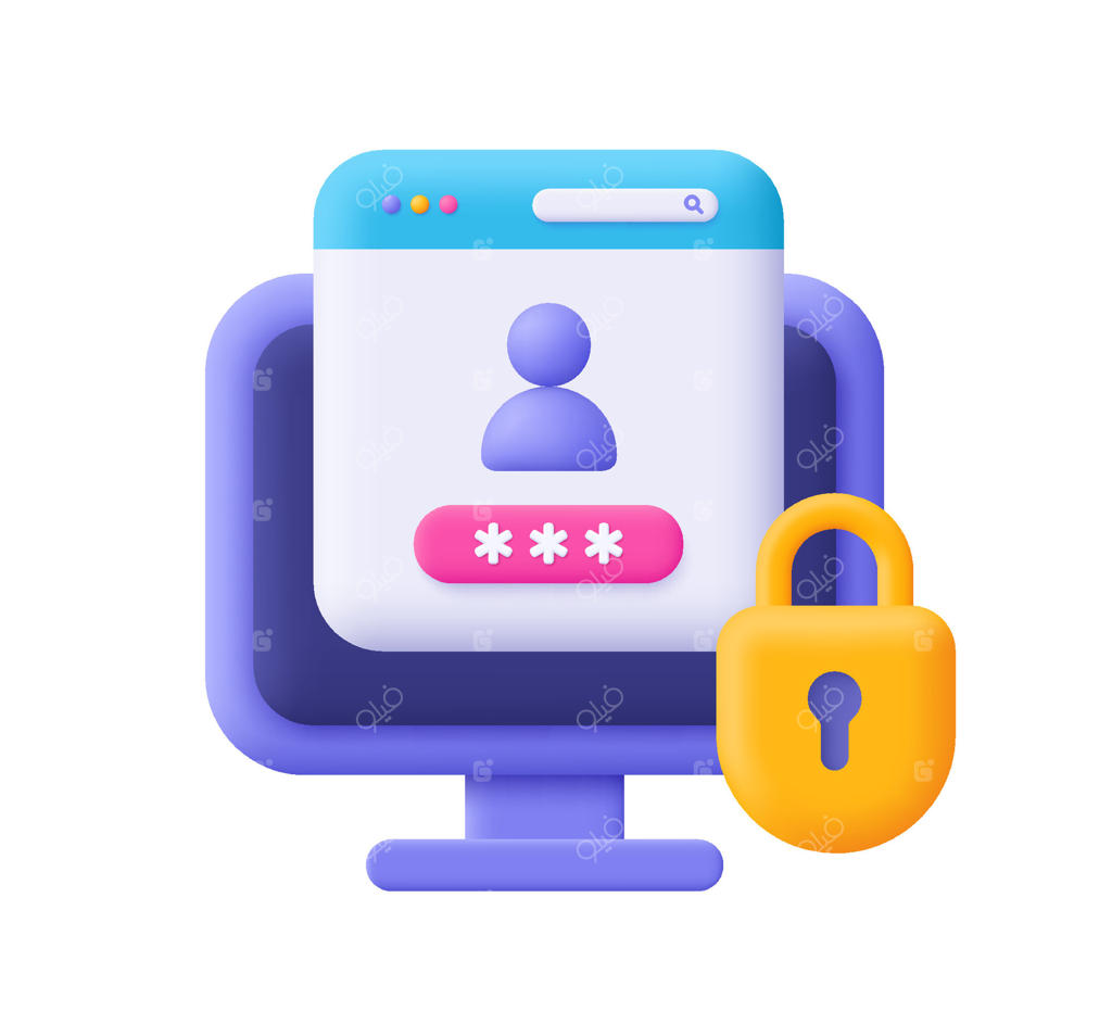 فرم ورود امن با رمز عبور در کامپیوتر و قفل. ورود به حساب، تأیید امنیت، حفاظت از حساب شخصی آنلاین. نماد سه‌بعدی. سبک کارتونی و مینیمال.