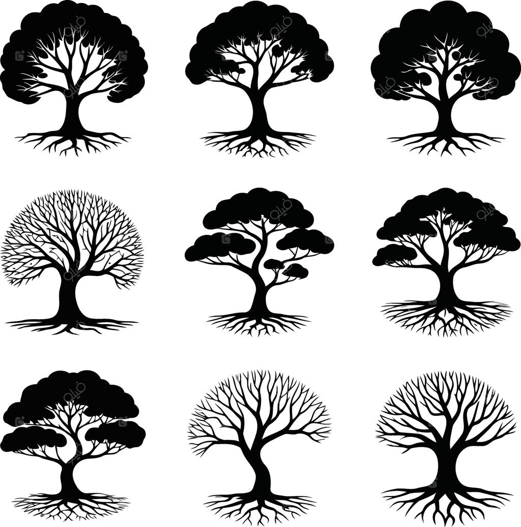 مجموعه‌ای از نه طرح سیلوئت درختان با استایل خاص روی پس‌زمینه سفید
