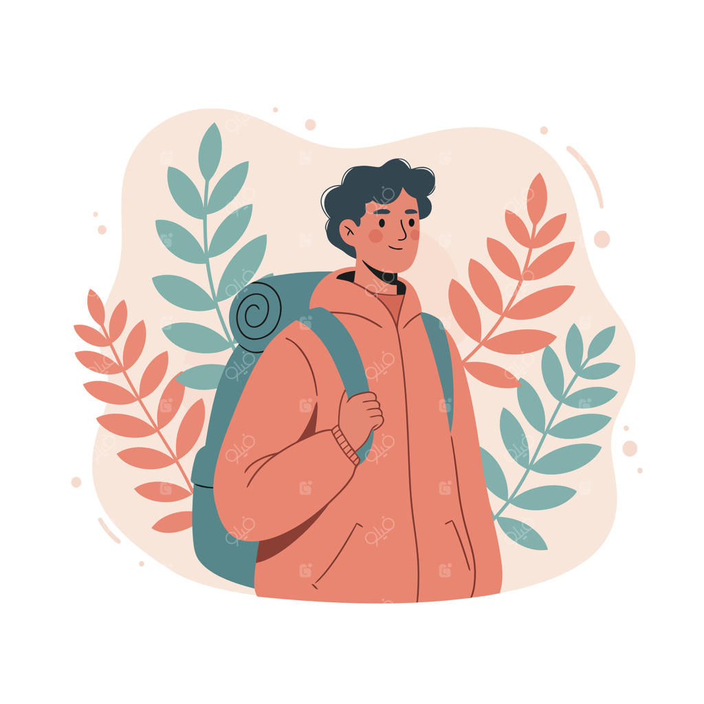 کوهنورد جوان با کوله‌پشتی در حال لذت بردن از طبیعت در میان برگ‌های رنگارنگ پاییزی