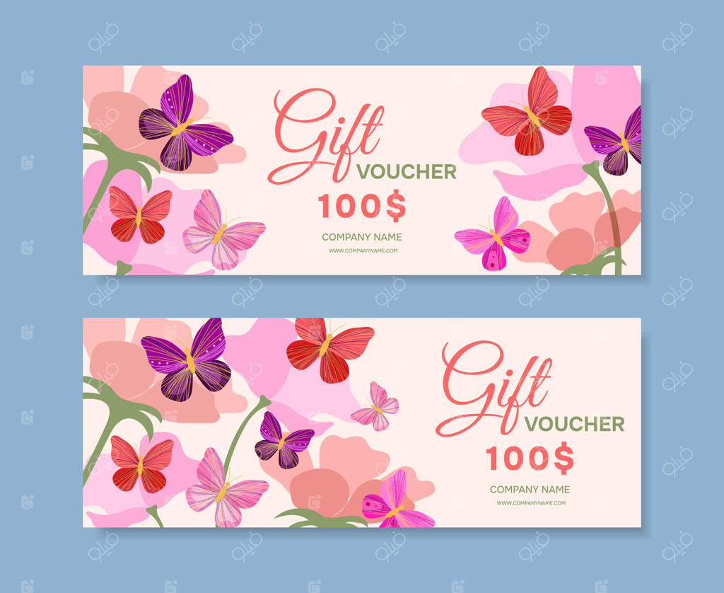 قالب‌های بن تخفیف با پروانه‌های خلاقانه و رنگارنگ به سبک مدرن. کارت ویزیت با پروانه‌های زیبا.