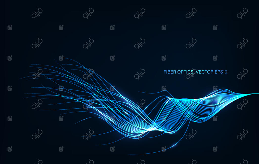 هوش مصنوعی، شبکه عصبی و خطوط موج‌دار؛ وکتور مفهومی تکنولوژی با پس‌زمینه انتزاعی نورهای فیبر نوری